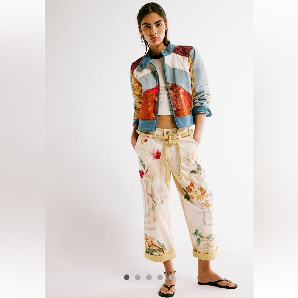 Free People Cream Floral Cropped Embroidered Pants